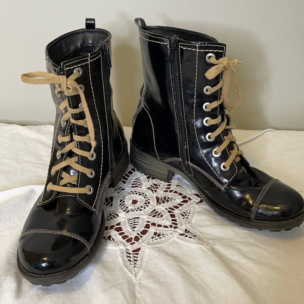 Josef Seibel Black Patent Lace-Up Combat Boots with Tan Laces